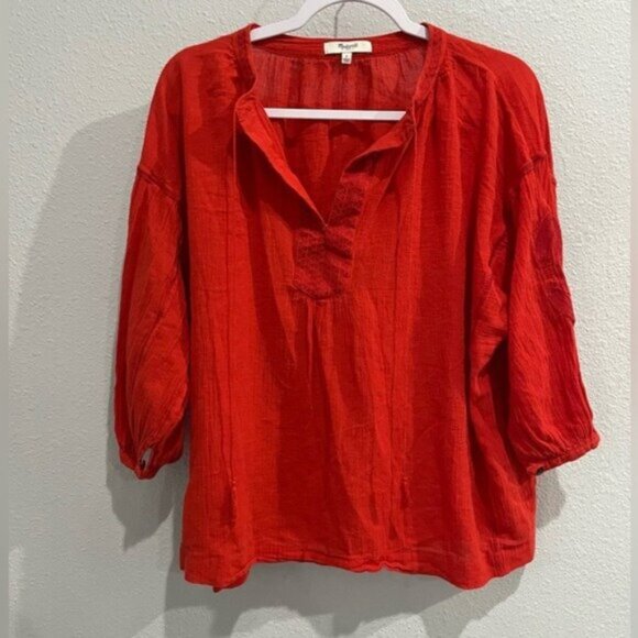 Madewell Embroidered Boho Western Tassel Shabby Chic Puff Sleeve Feminine Top - Picture 2 of 8